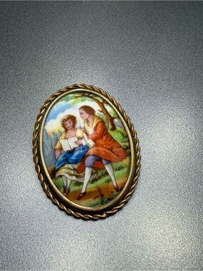 Vintage Hand-Painted Porcelain Scenic Brooch Limoges #p18